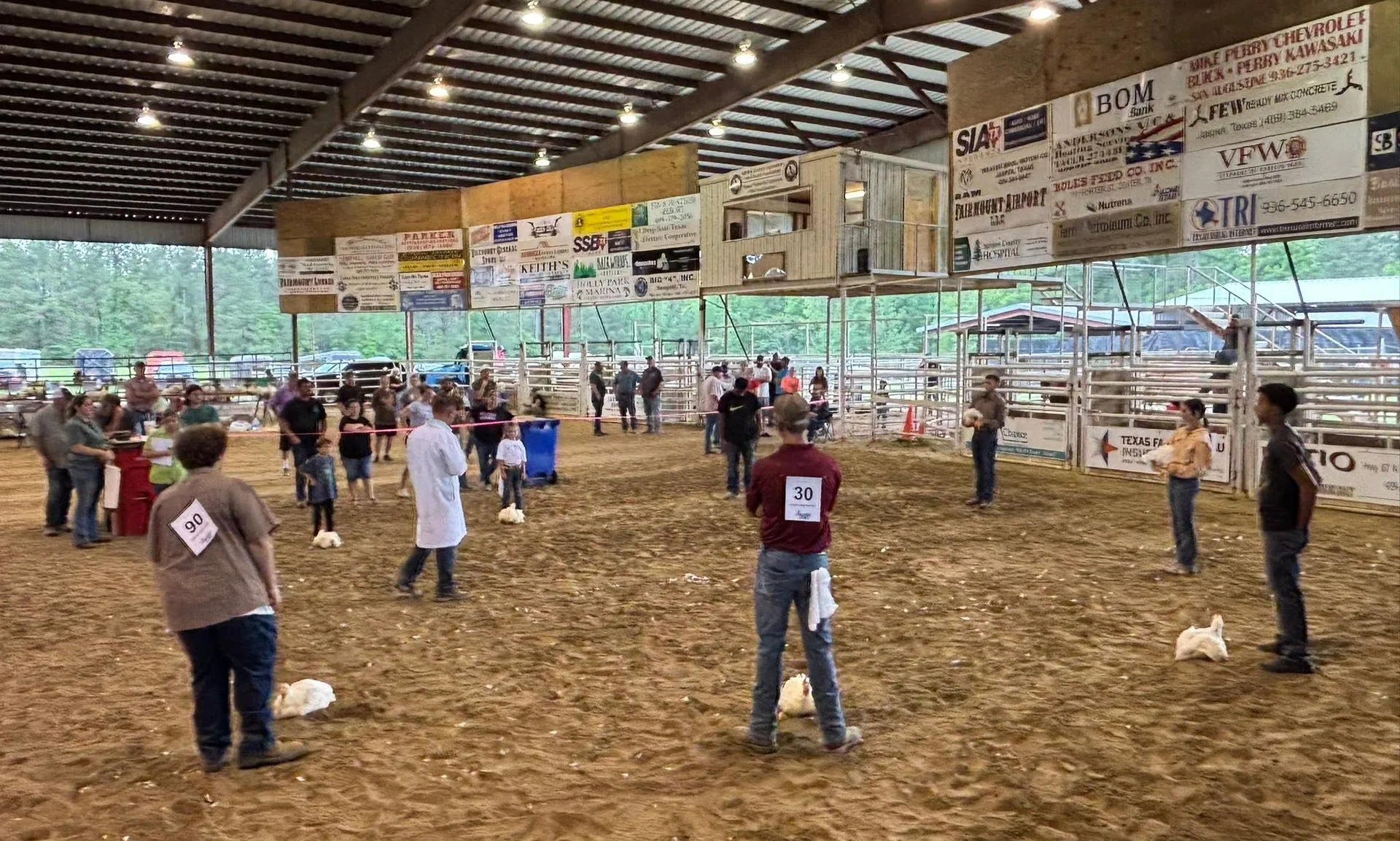 The show arena floor mid-show, kids working their animals under the covered roof
